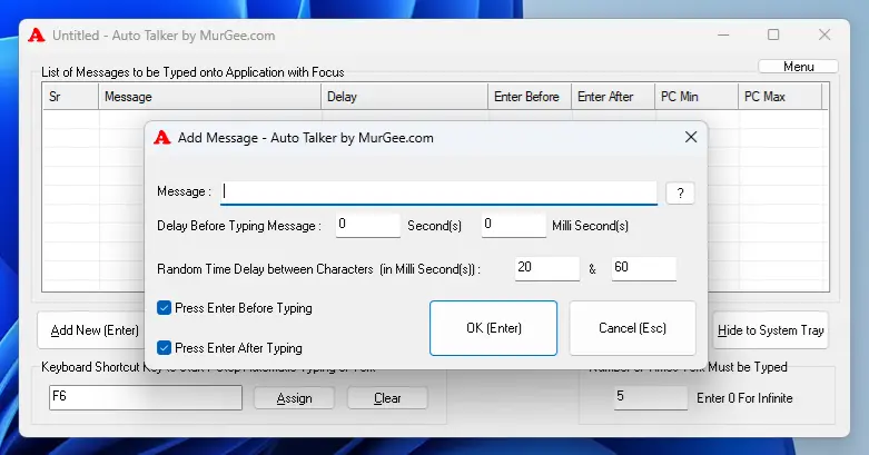 Screenshot of Add Message Screen displaying available parameters like Message to Type, Whether to Press Enter before or After Text Typing, etc