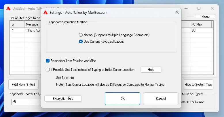 Settings of Auto Talker to configure Application based Parameters