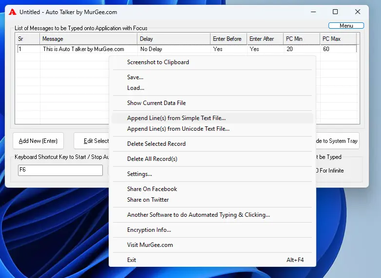 Screenshot displaying Right Click Menu of Auto Talker
