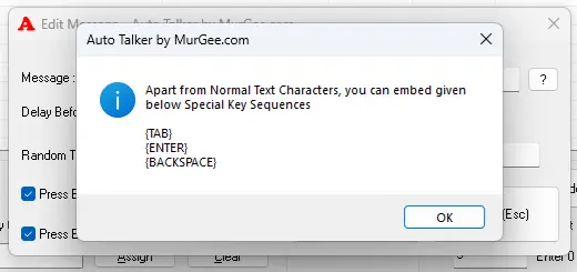 Information box displaying how to insert special keys like Enter, Tab and Backspace in Message Text